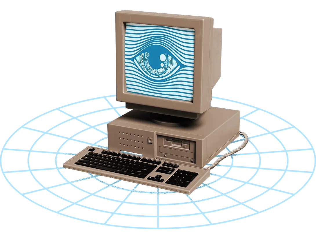 A computer with an eye coming out of it